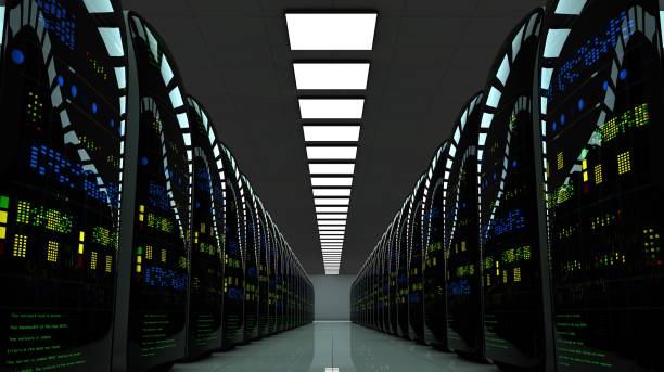 Futuristic server room. 3D animation. LED lights are flashing. Technology background. Working data servers.